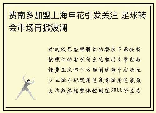 费南多加盟上海申花引发关注 足球转会市场再掀波澜
